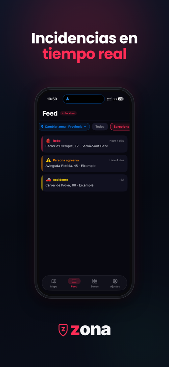 Feed de incidencias en directo — app zona