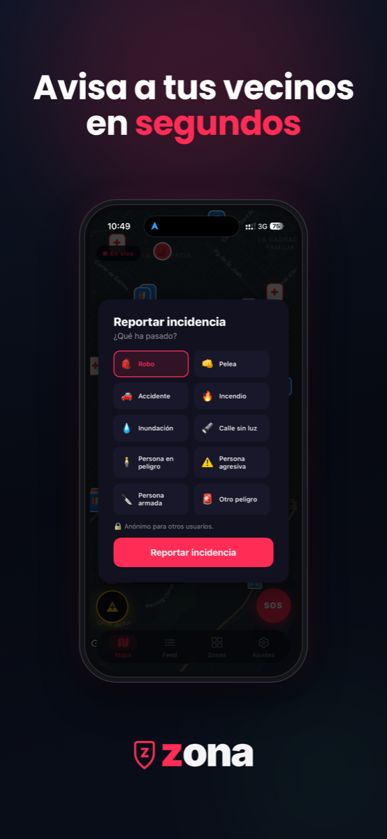 Reportar una incidencia de forma anónima — app zona