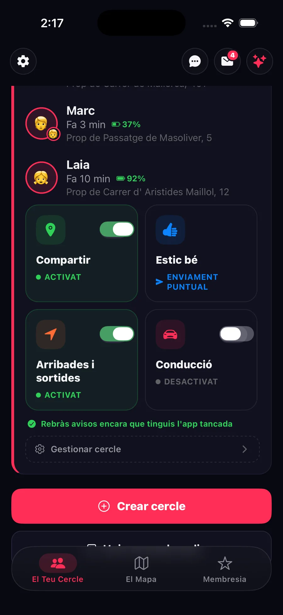 Compartir ubicació, «estic bé», avisos i conducció a l'app Zona