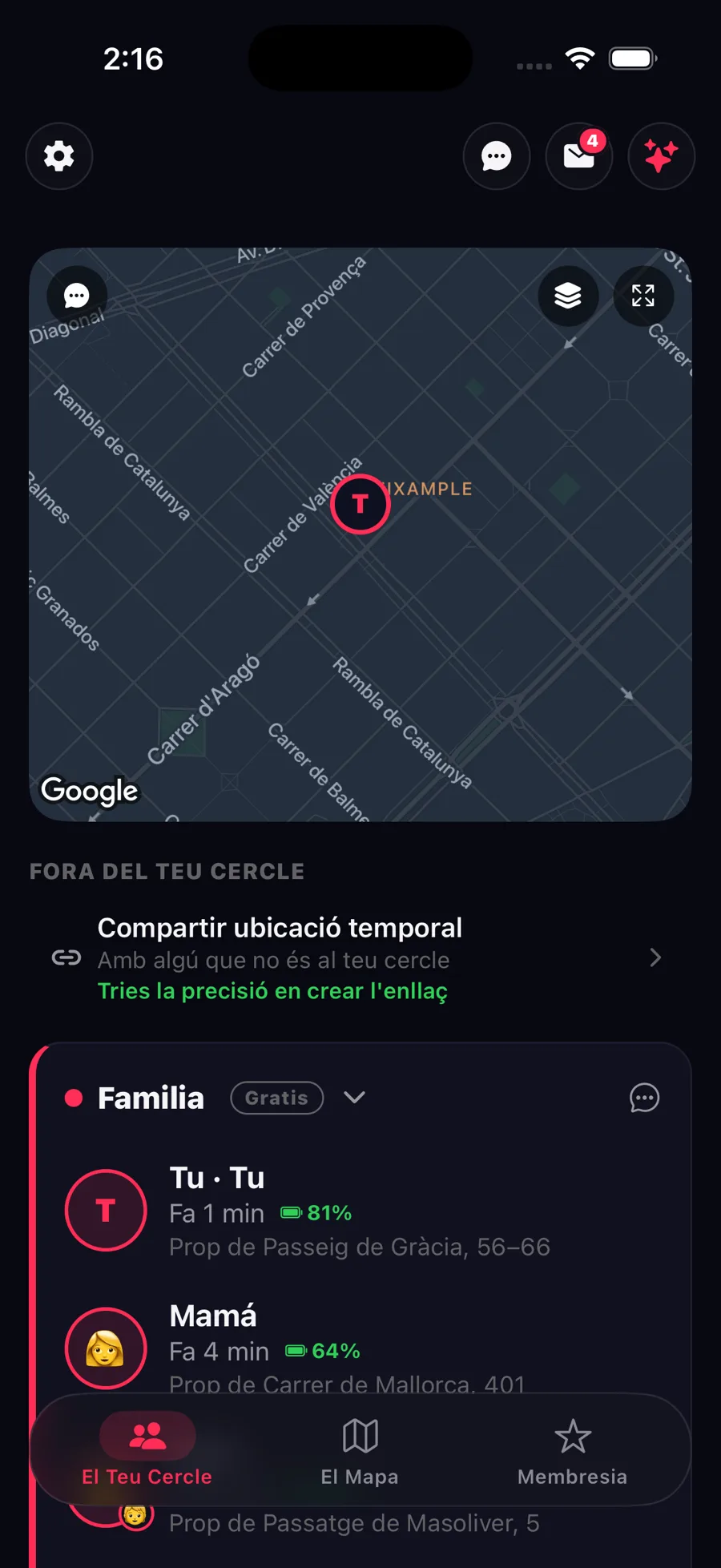 Pantalla El teu cercle a l'app Zona