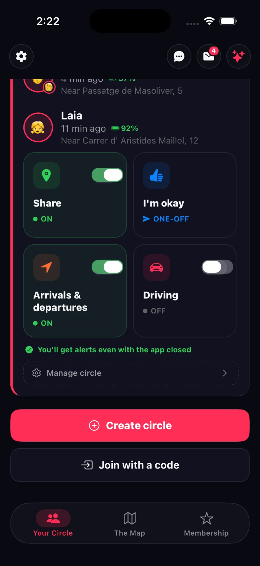 Location sharing, check-ins, alerts and driving in the Zona app