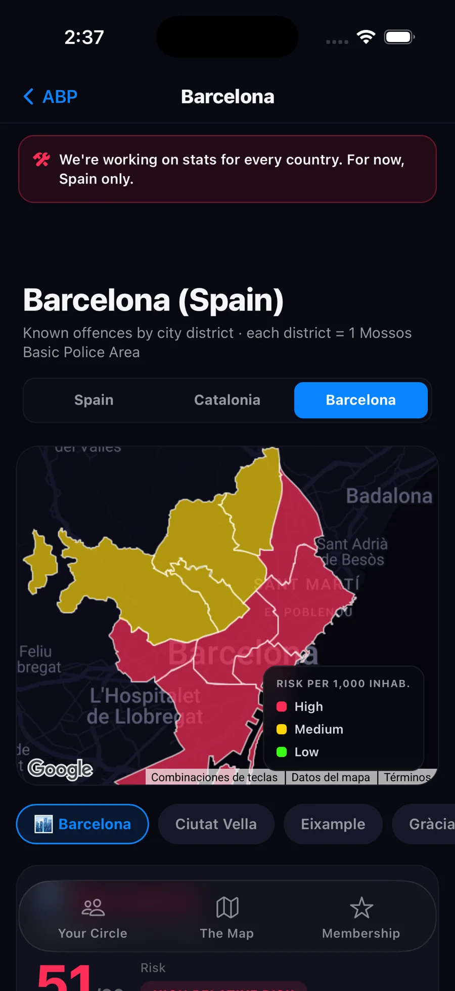 Risk map by district in Barcelona inside the Zona app