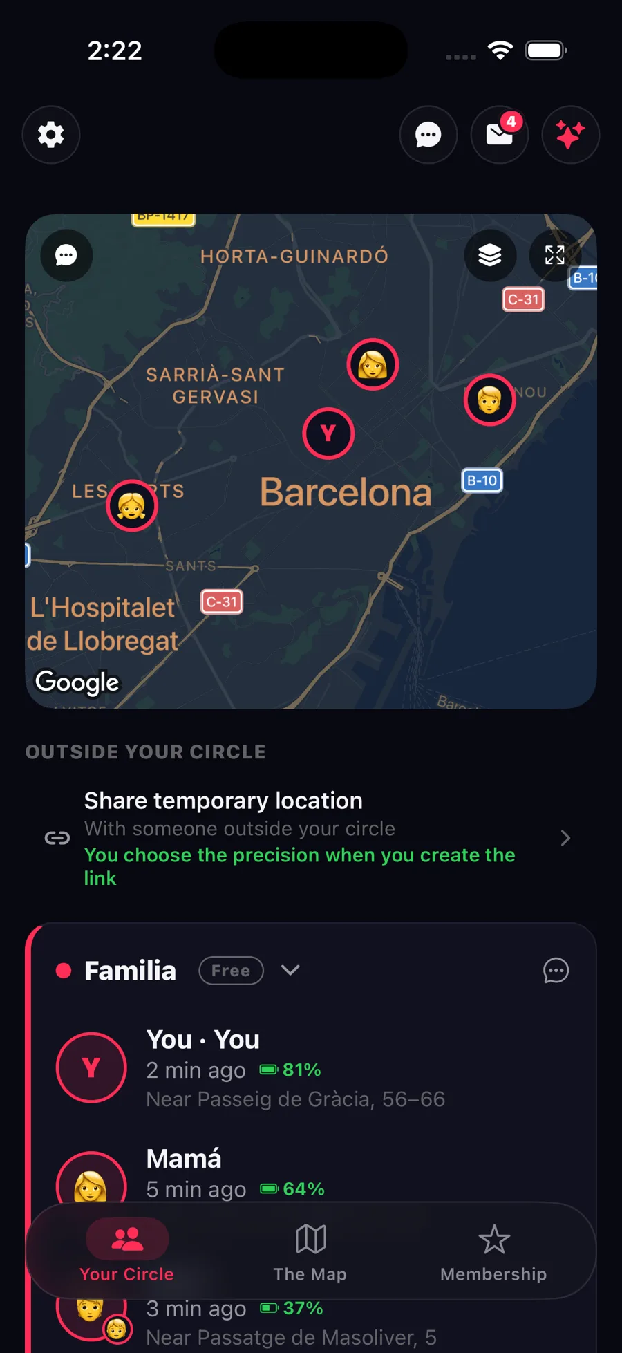 Your circle screen in the Zona app