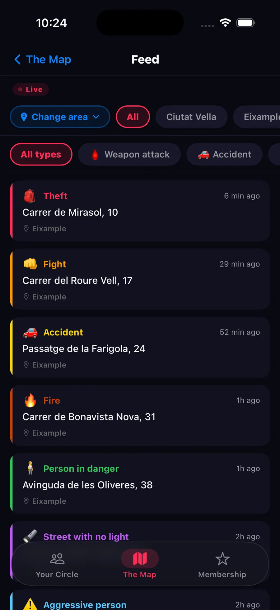 Feed of incidents near you in the Zona app