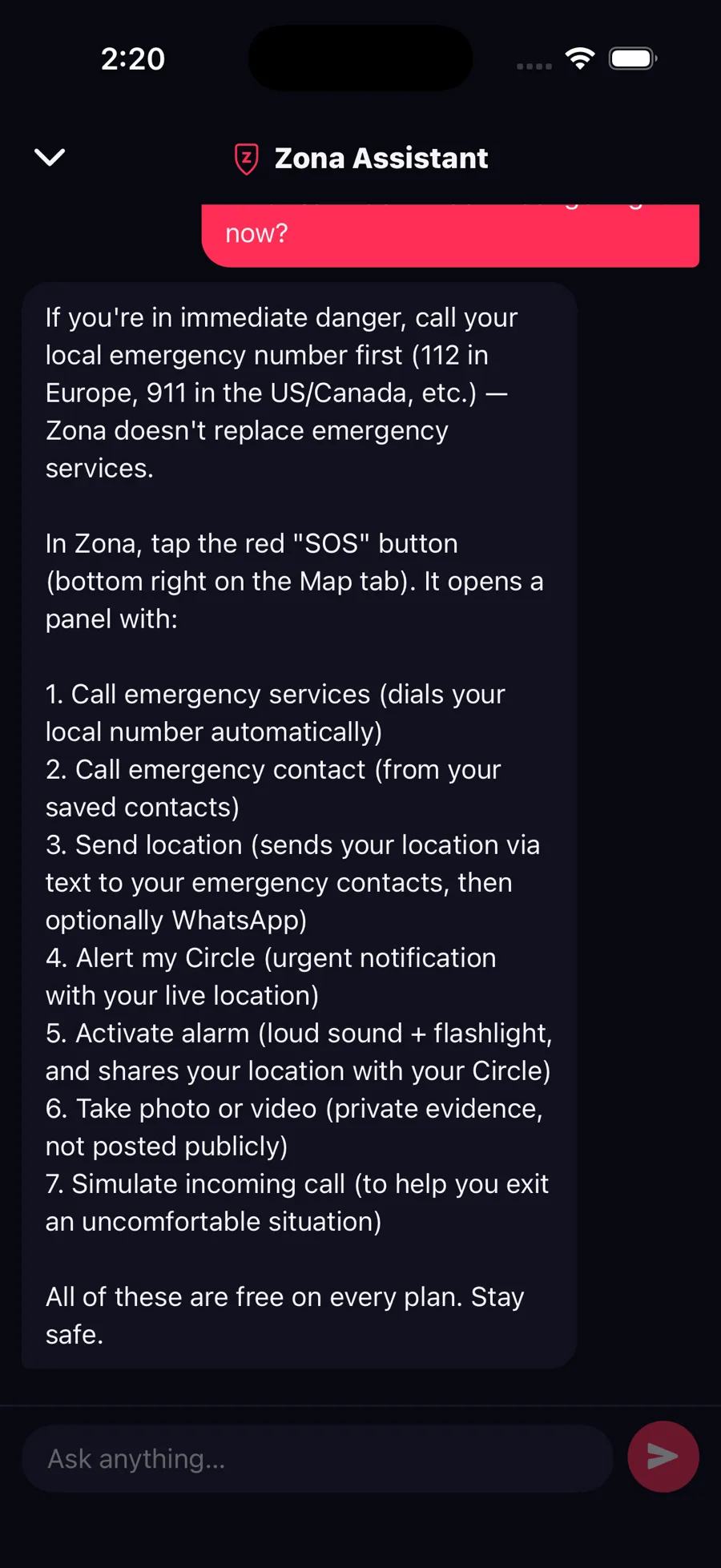 The Zona assistant answering inside the app