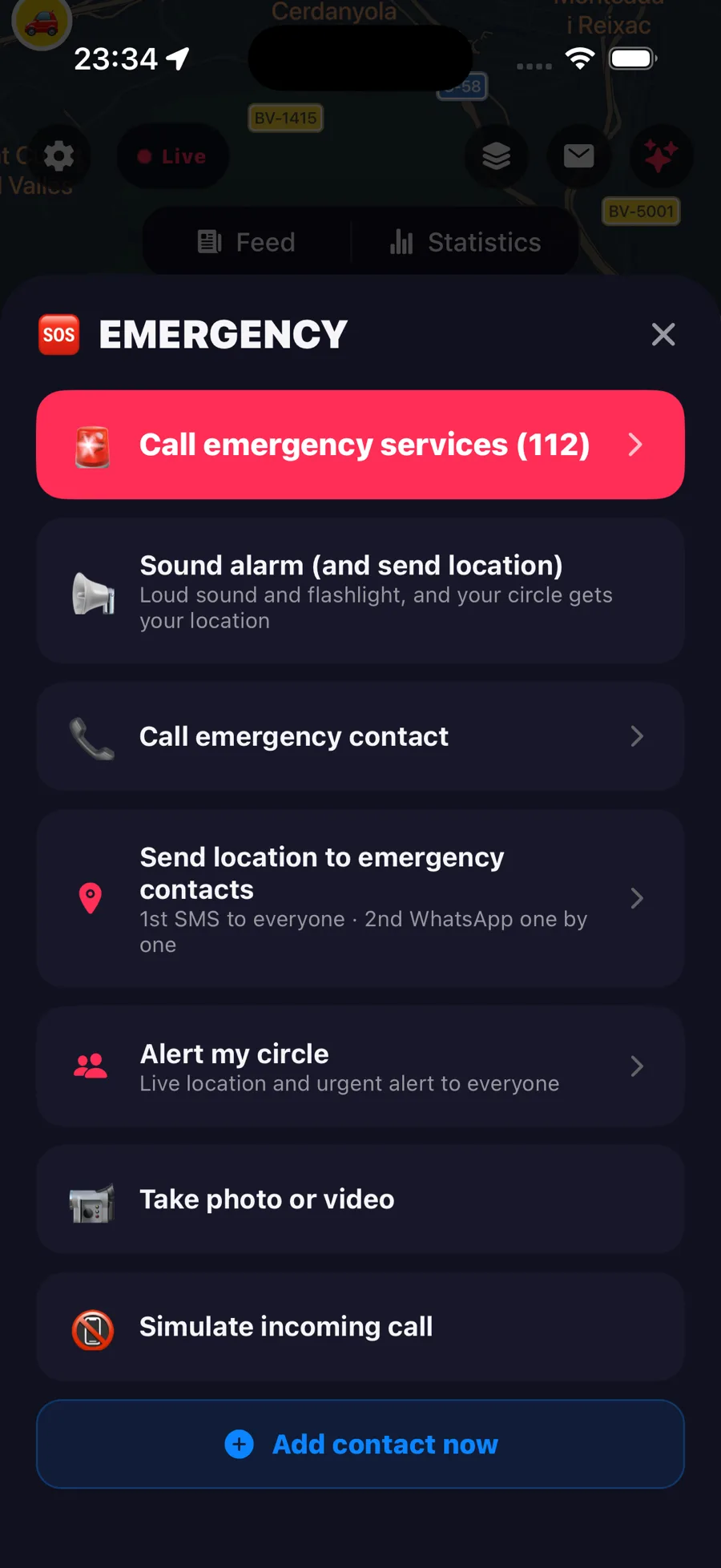 The Zona SOS button: call emergency services, alarm, emergency contact, send location and alert your circle