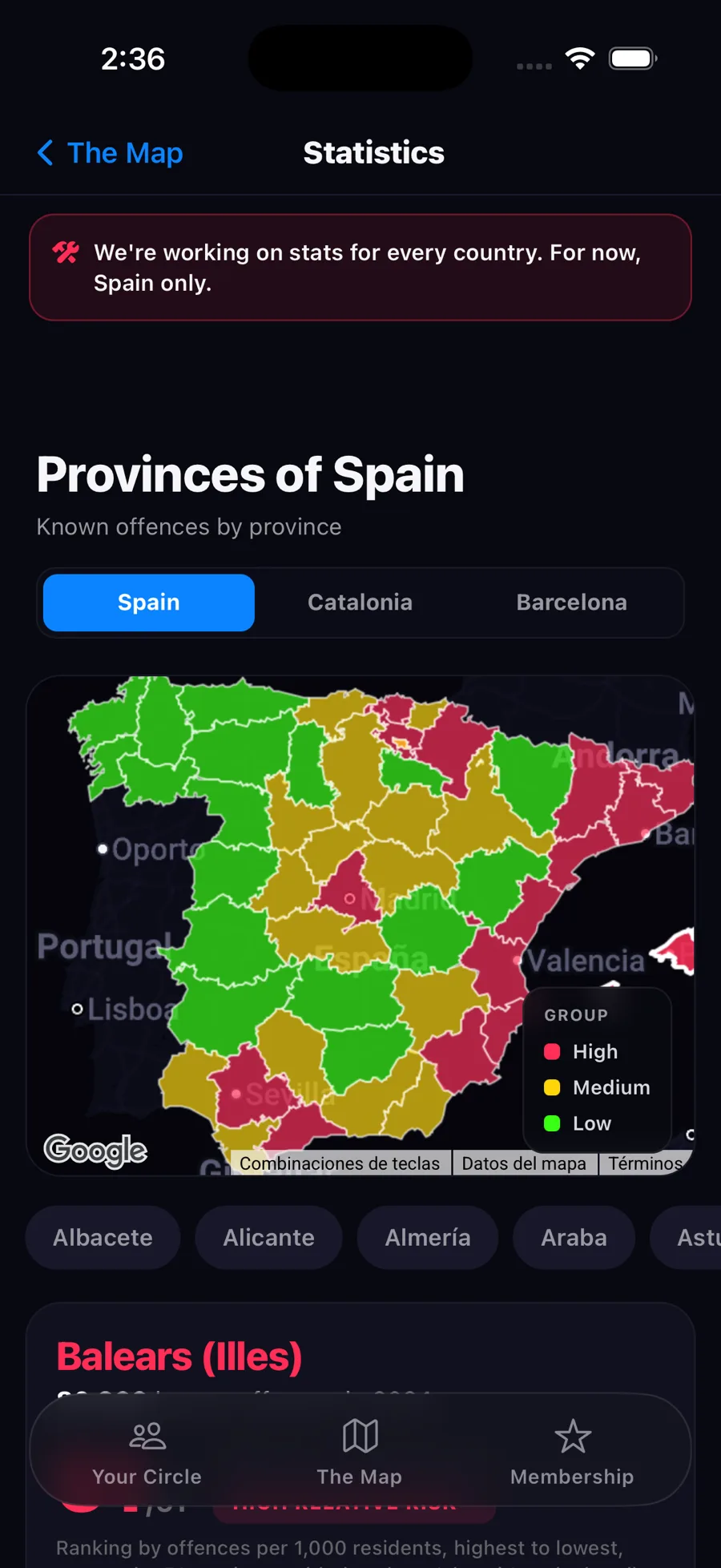 Safety statistics by area in the Zona app