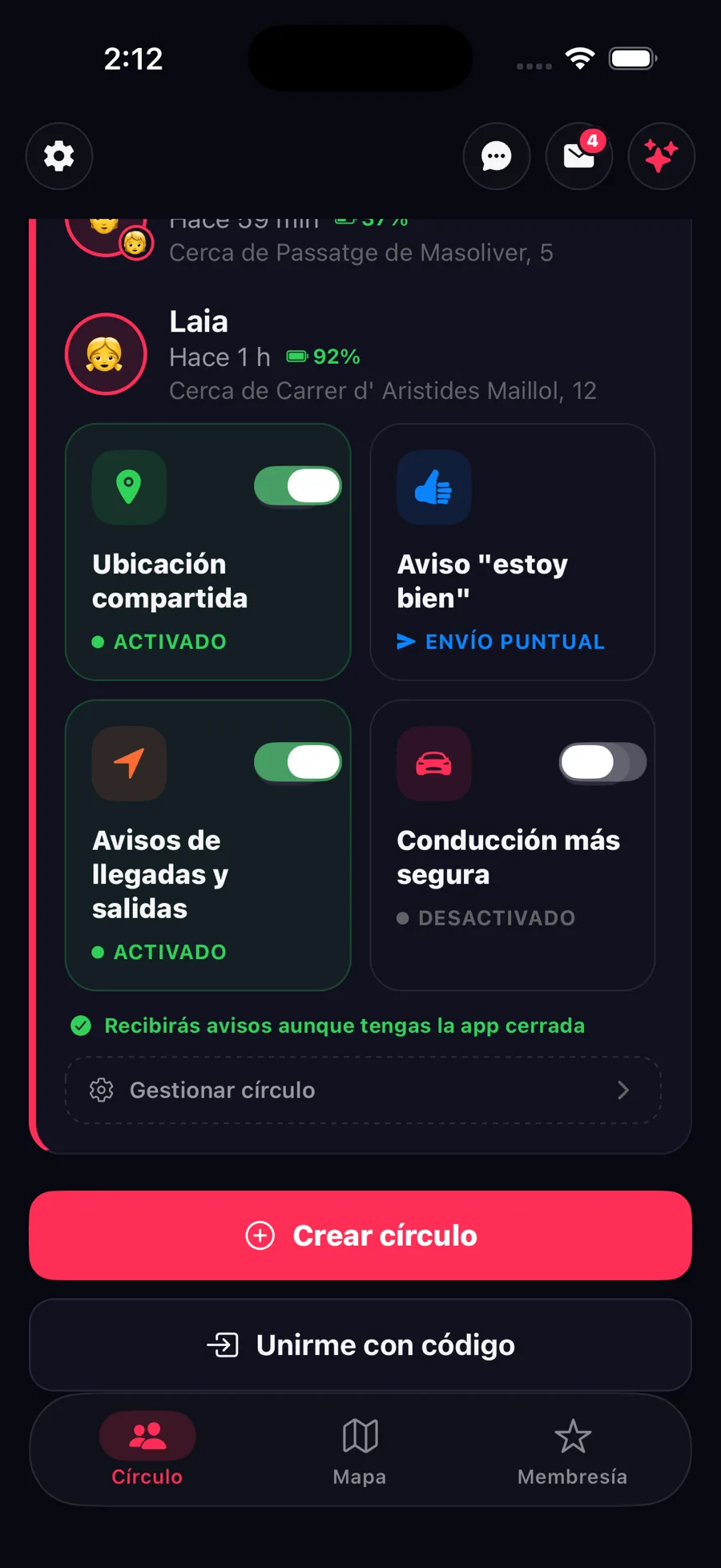 Compartir ubicación, «estoy bien», avisos y conducción en la app Zona