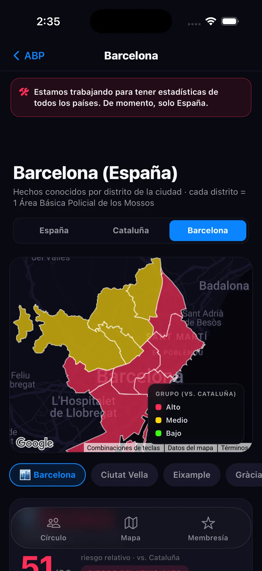 Mapa de riesgo por distritos de Barcelona en la app Zona