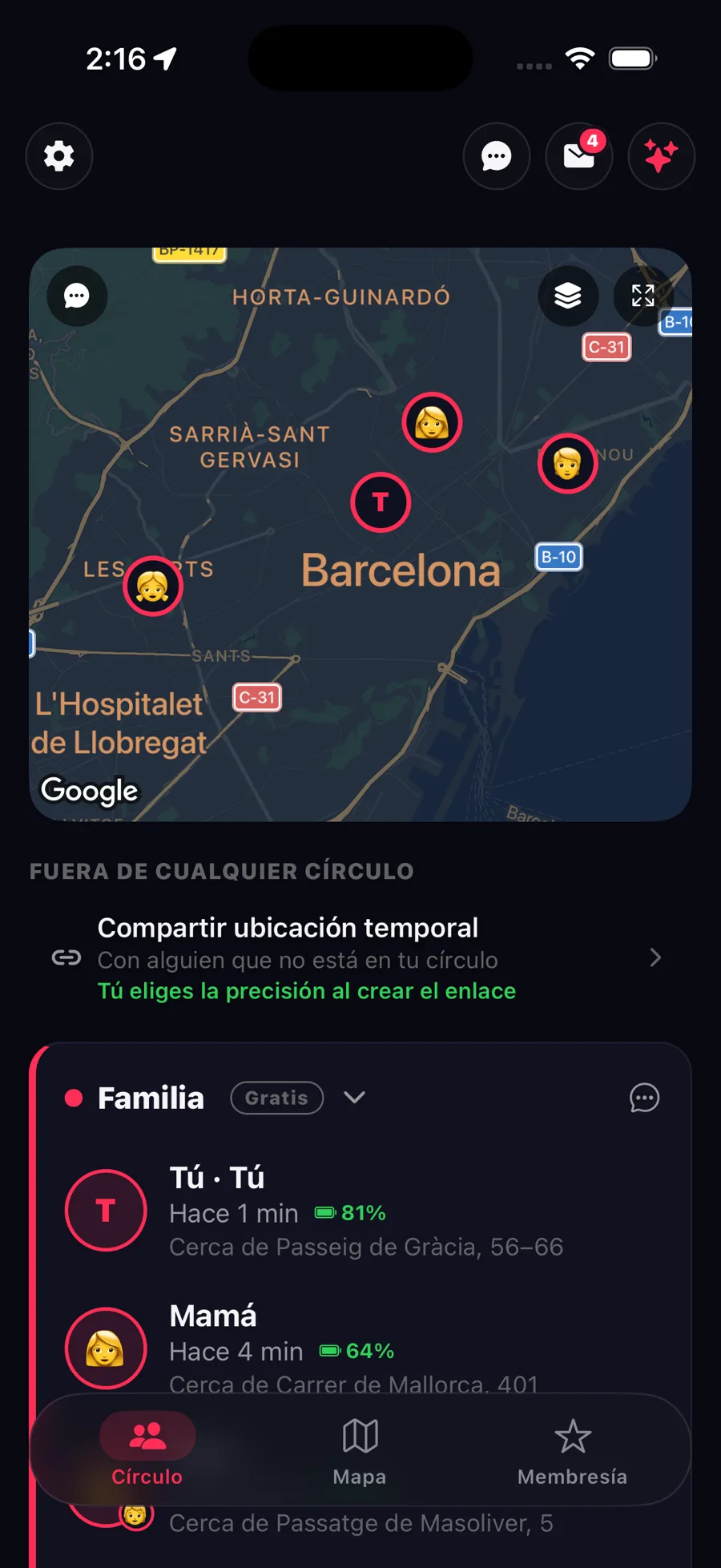 Pantalla Tu círculo en la app Zona