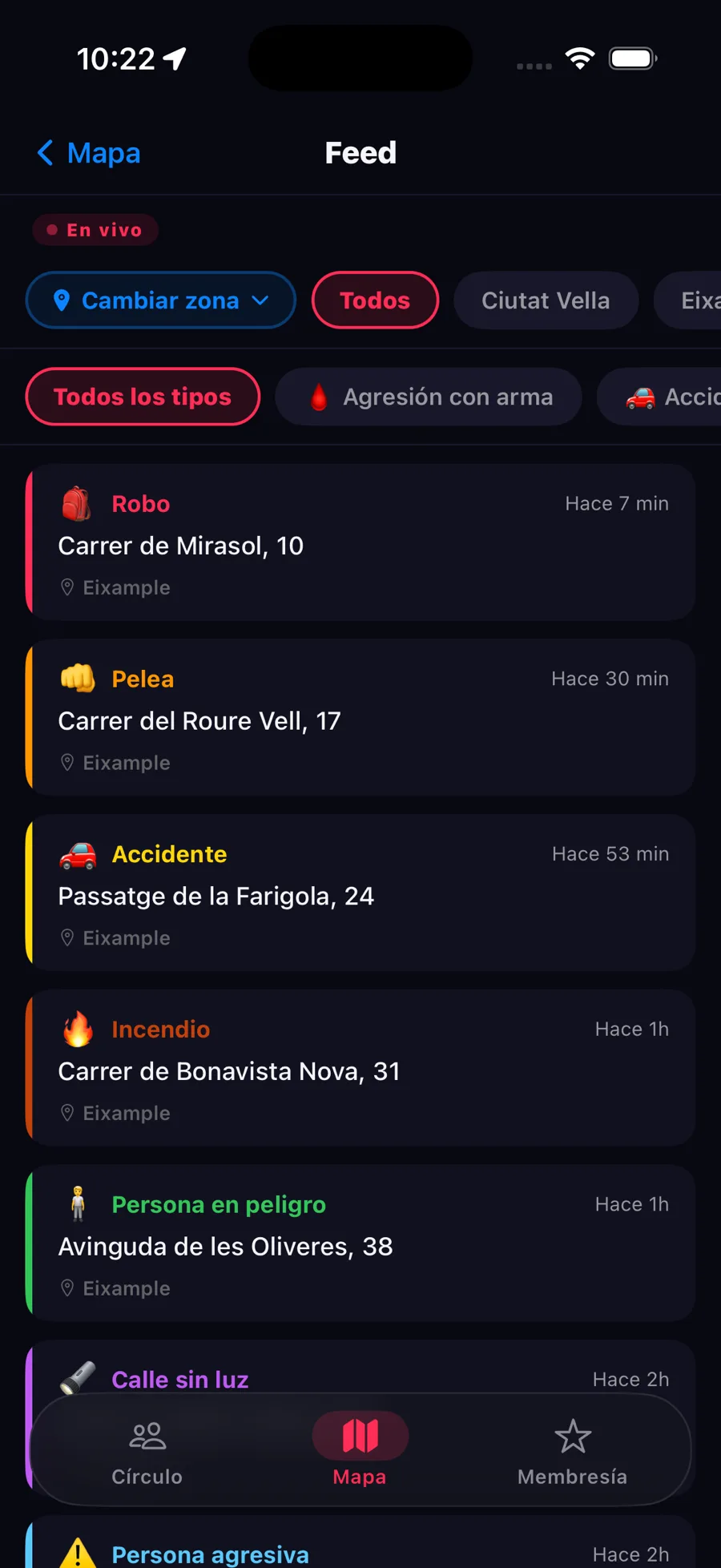 Feed de incidencias cerca de ti en la app Zona