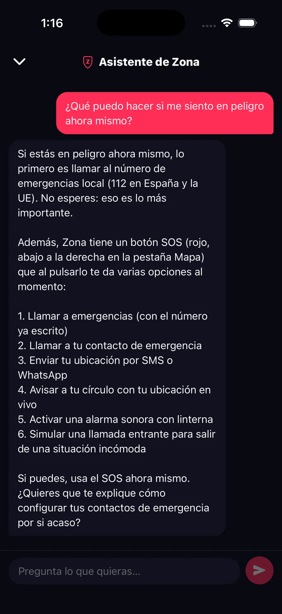 El asistente de Zona respondiendo dentro de la app