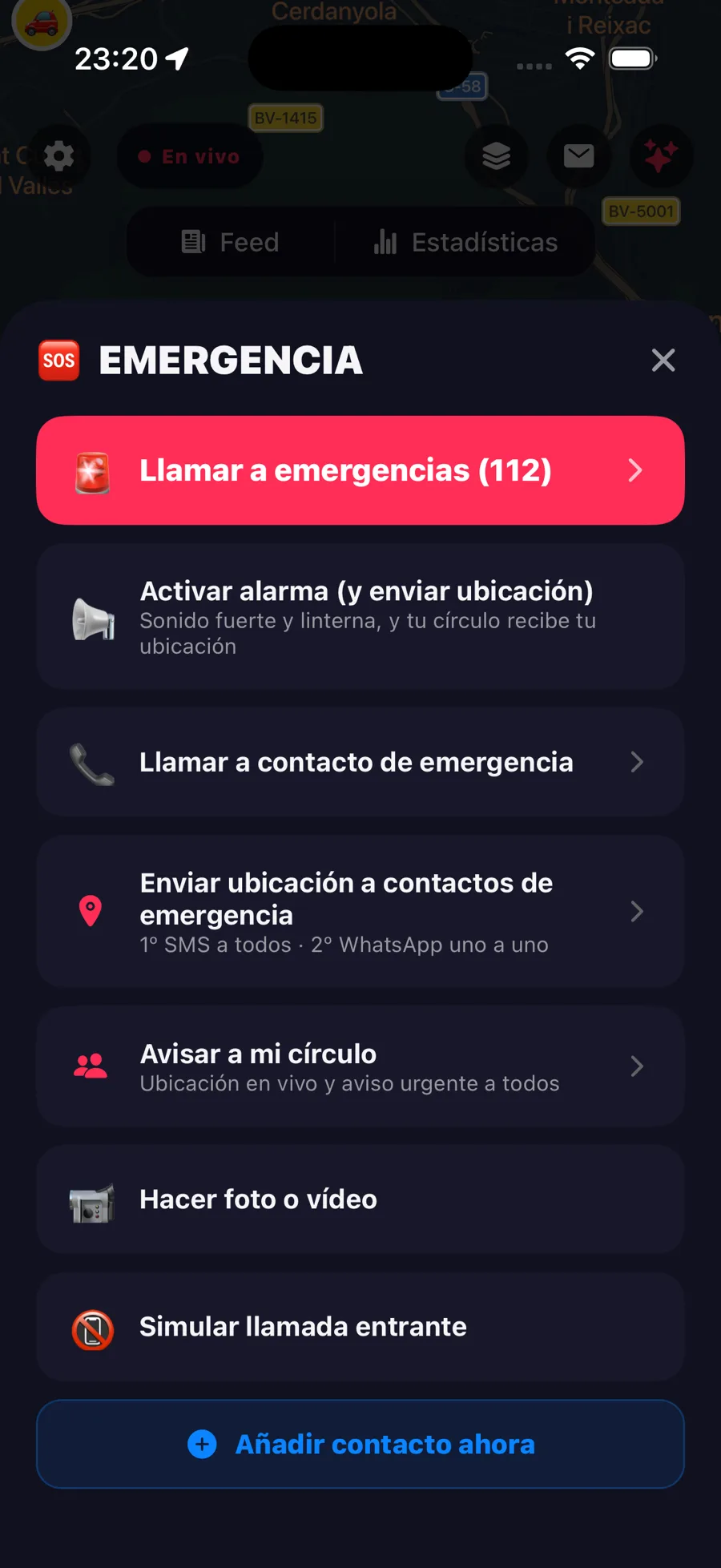 El botón SOS de Zona: llamar a emergencias, alarma, contacto de emergencia, enviar ubicación y avisar al círculo