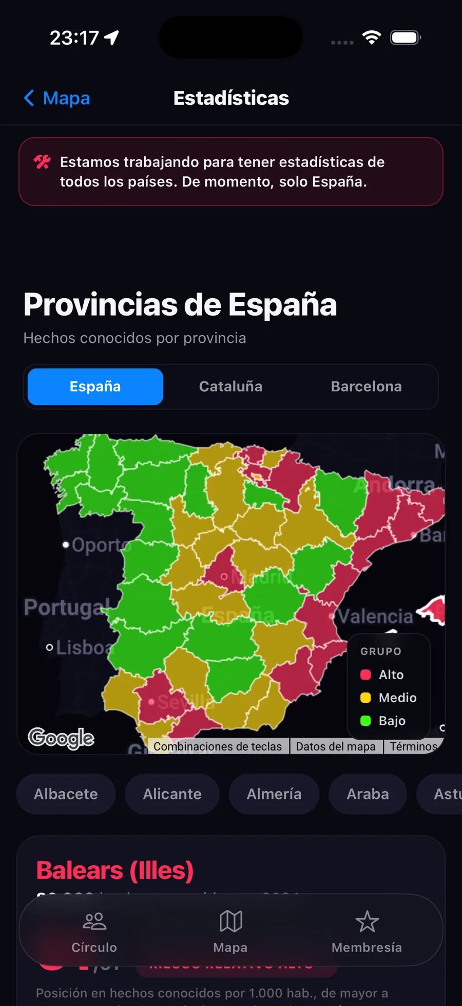 Estadísticas de seguridad por zonas en la app Zona